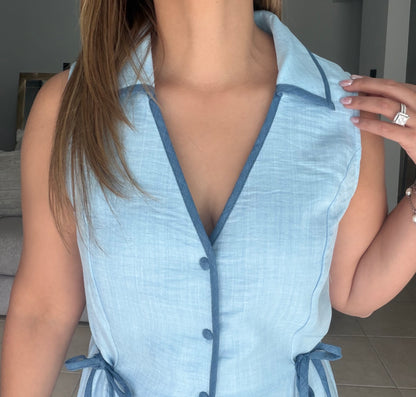 Blue Contrast Binding Midi Dress