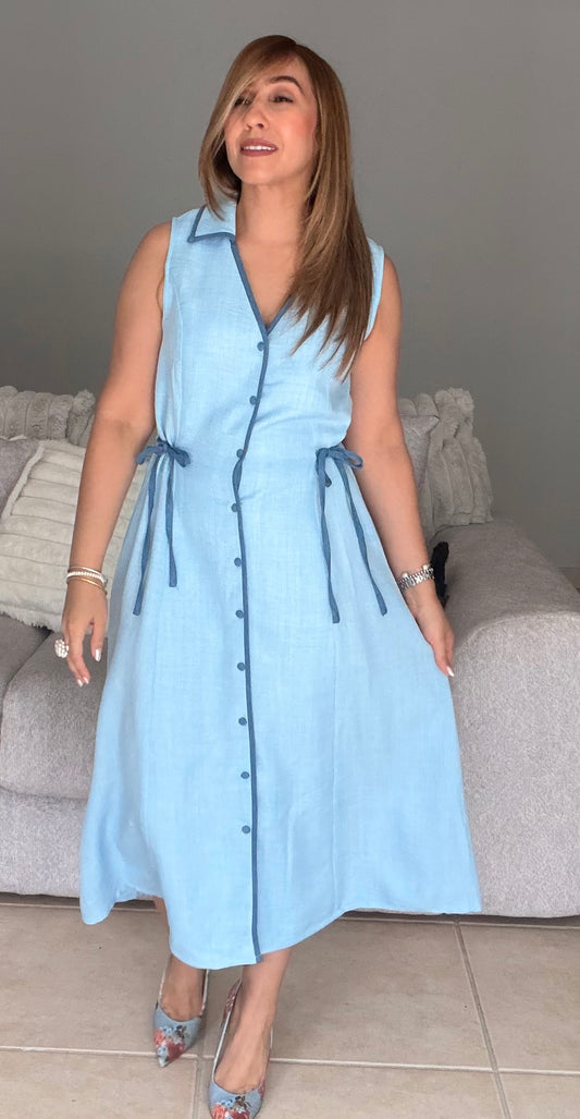 Blue Contrast Binding Midi Dress