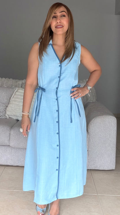 Blue Contrast Binding Midi Dress